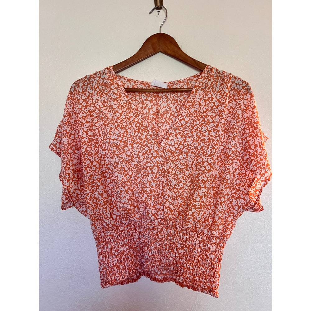 Sienna Sky Floral Crop Top Womens Medium Orange Smocked Boho Short Sleeve Blouse